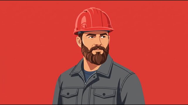 Bearded construction worker in red hard hat and grey jacket looking around against a red backdrop