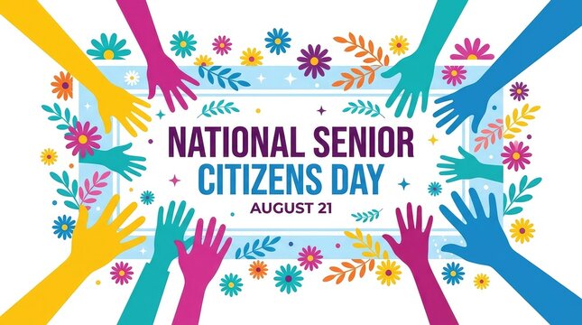 National Senior Citizens Day August 21 colorful supportive hands pattern vector banner