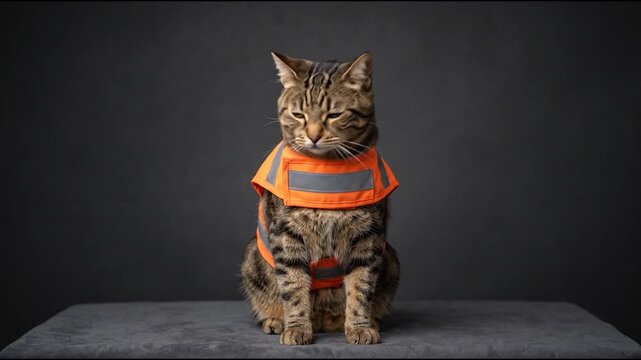 Cute tabby cat wearing safety vest sitting on grey studio background