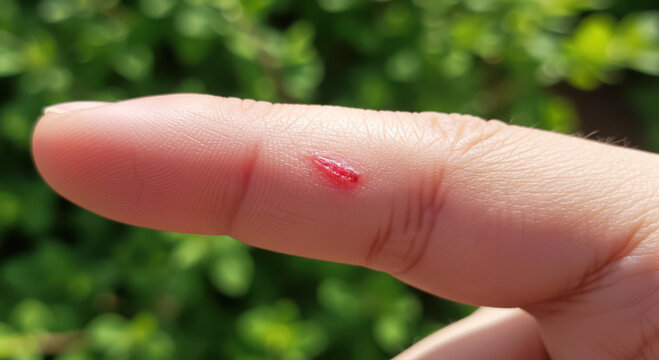 Small cut wound with bleeding on a human finger closeup against a natural green background
