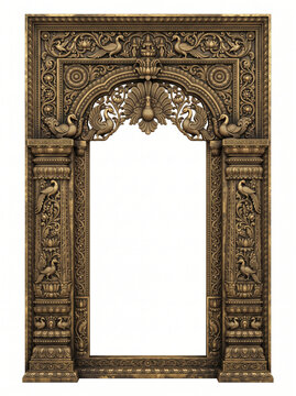 Ornate South Indian temple doorway frame with carved floral arch, sacred motifs, detailed pillars and antique brass finish