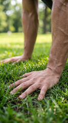 Fototapeta premium Close Up of Athlete Hands Placed on Green Grass in Pushup Position