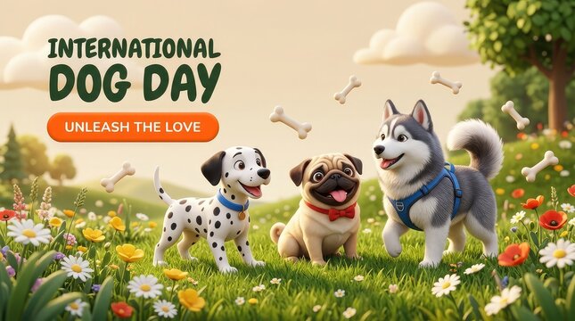 International Dog Day Unleash the Love 3D cute puppies playing in green park banner