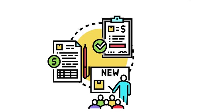 Process requesting access for product demonstrations, involving document approval, financial aspects, and a presenter introducing a new product to an audience