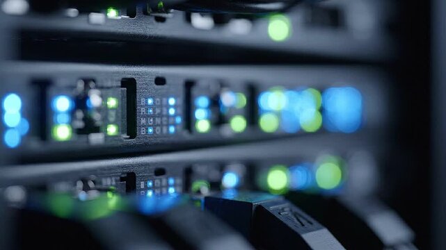 Close-up of server rack ports with blinking blue and green status lights, illustrating data center networking, cloud computing, cybersecurity, and digital infrastructure