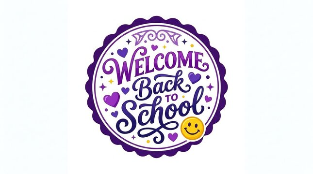 Welcome Back to School round purple emblem badge illustration