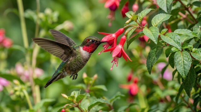 vibrant hummingbird feeding on red flower nectar in close up