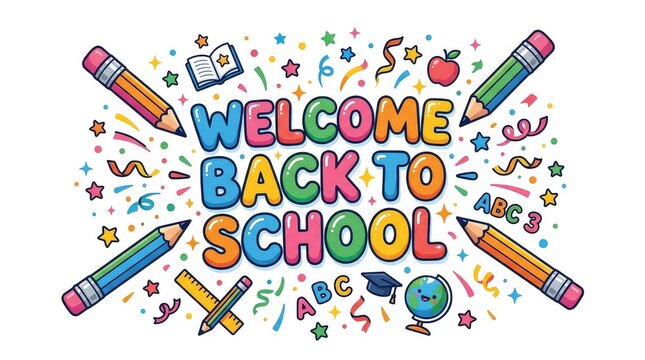 Welcome Back to School fun doodle frame with giant pencils and learning icons