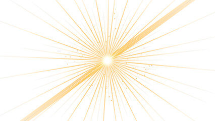 Naklejka premium Golden sunburst lens flare on white background, bright yellow starburst light effect, glowing sun rays with sparkles