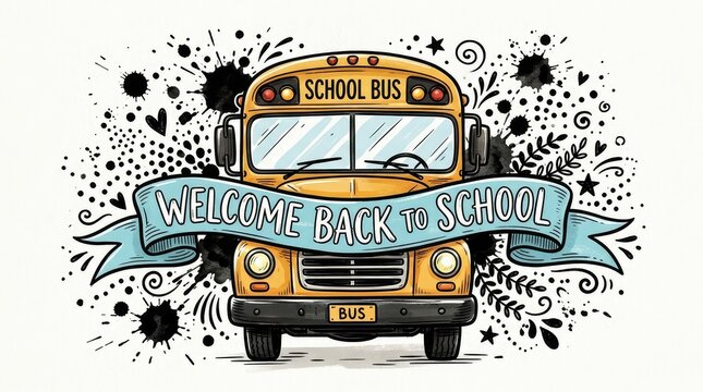 Welcome Back to School yellow school bus black ink grunge splatter illustration