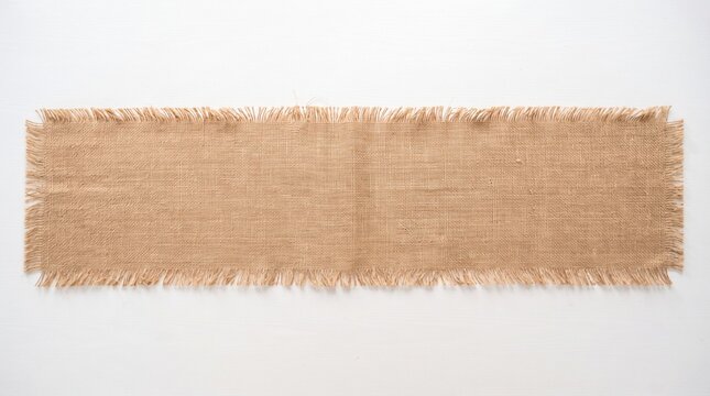 Rustic burlap table runner with frayed edges, natural jute fabric banner on white background, brown hessian textile strip