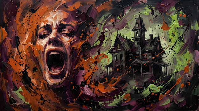 Abstract painting of screaming face and haunted mansion.