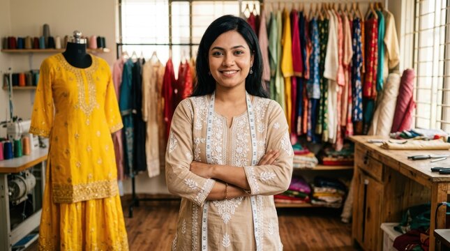 Portrait of smiling indian dressmaker with measuring tape standing in sewing atelier filled with vibrant fabric collection.