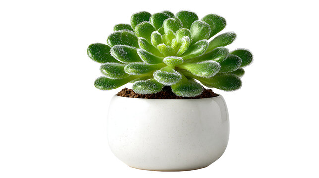 Small green succulent plant in a white ceramic pot isolated on transparent background