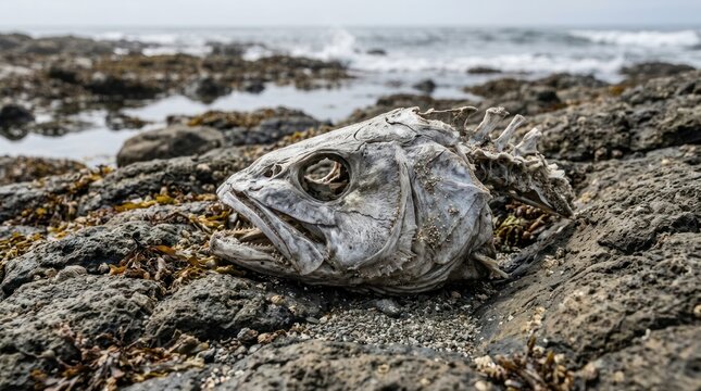 decayed fish skull resting on rough rocky outdoor shore surface