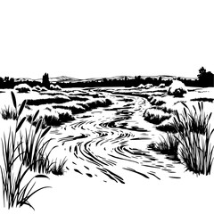 Obraz premium Serene river nature landscape featuring a winding river flowing through a grassy meadow with reeds in a black and white vector style.