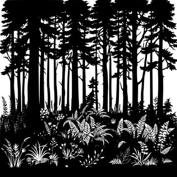 Dense forest nature scene with tall trees and lush ferns and wildflowers on the forest floor in a detailed black and white vector.