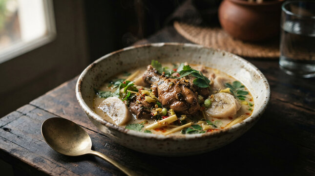 Steaming rustic bowl of creamy chicken soup with herbs, vegetables and aromatic seasonings presented on a dark wooden table in warm natural window light.