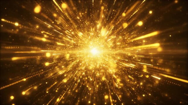 Golden particles explode with bright light rays, glowing sparks and motion blur creating dynamic energy burst, cinematic movement, radiant texture, and premium abstract visual effects.
