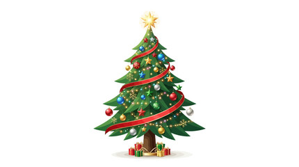 Fototapeta premium A festive evergreen conifer decorated with colorful hanging baubles and a winding ribbon creates a traditional holiday atmosphere for seasonal celebrations that bring joy to many families every