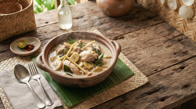 Traditional creamy chicken stew with aromatic lemongrass, herbs and vegetables steaming in a rustic clay pot on a woven mat and weathered wooden table.