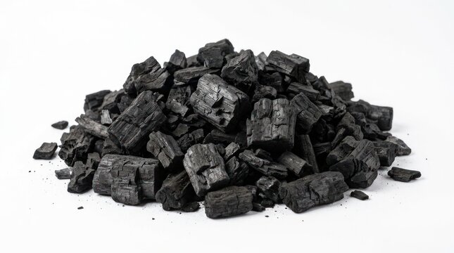 pile of natural wood charcoal pieces isolated on white background