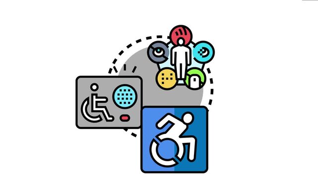 People with diverse needs connecting with accessible technology and infrastructure, ensuring inclusion and ease of use in both digital and physical environments for everyone