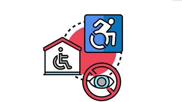 Accessible accommodations concept featuring a wheelchair access symbol in motion, a symbol for accessible housing, and a crossed out eye representing visual impairment awareness