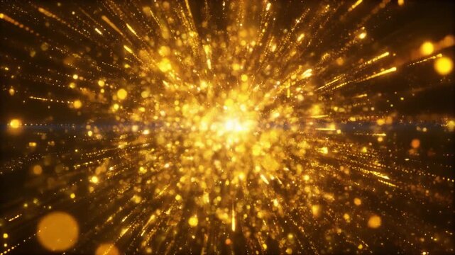 Golden particles explode with bright light rays, glowing sparks and motion blur creating dynamic energy burst, cinematic movement, radiant texture, and premium abstract visual effects.