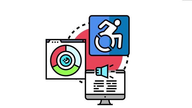 Illustration depicting an accessibility icon connected with a data analytics chart and a computer monitor, symbolizing inclusive digital solutions for everyone