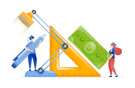 Money, study lamp, triangle ruler and pen representing tuition payments and affordable education, illustration for finance and education concept