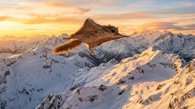 flying squirrel gliding over snow covered mountains in golden sunset