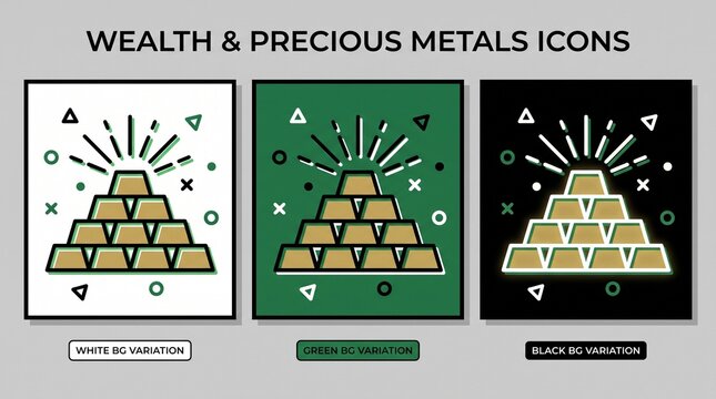 Minimalist stacked gold bars icon with geometric accents, radiating shine lines, adaptable across contrasting backgrounds for versatile branding presentation.