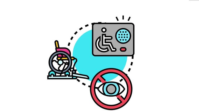 Accessibility concept combining mobility assistance with a ramp, features for visual impairment including braille, and universal access for various physical and sensory challenges
