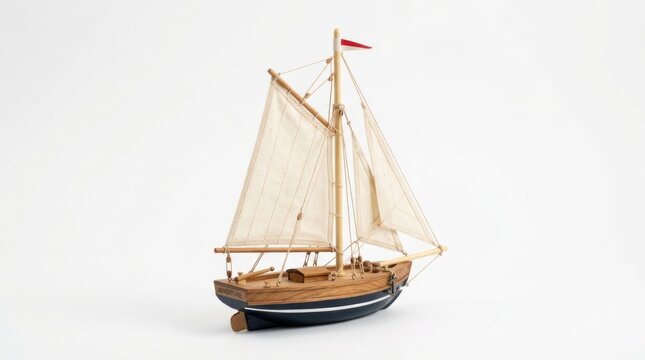 miniature wooden toy sailboat isolated on clean plain white background