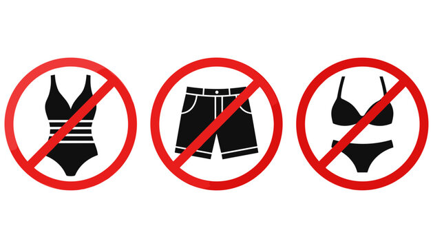 Dress Code Dress Code Prohibition Sign Vector Set Featuring Crossed Out One Piece Swimsuit Board Shorts And Bikini Icons