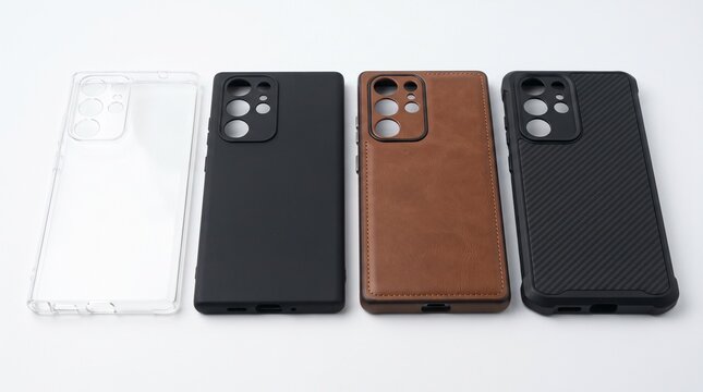 Smartphone case collection with leather, carbon fiber, and silicone textures. Protective mobile phone covers in black, brown, and clear materials.