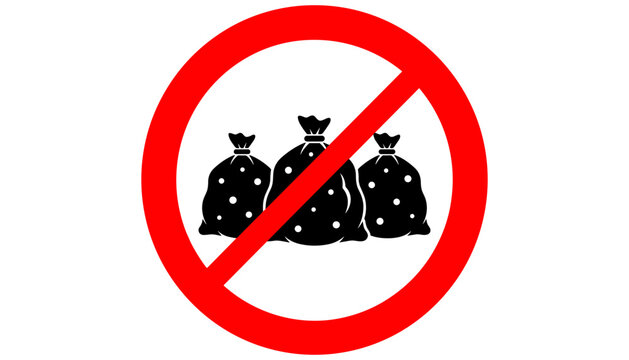 No Dumping Prohibition Sign Vector Design Featuring Black Trash Garbage Bags Silhouette Crossed Out Inside Red Ban Circle