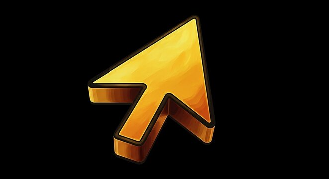 A bright golden 3d computer mouse cursor arrow isolated on a solid black background.