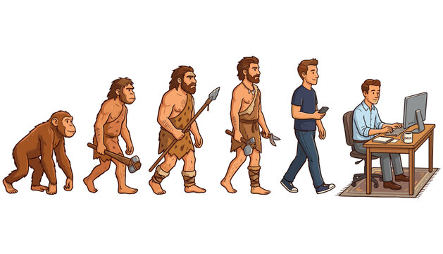 Human Evolution Vector Illustration Featuring Stages From Primate Ape To Caveman Neanderthal Modern Smartphone User And Office Worker At Computer Desk