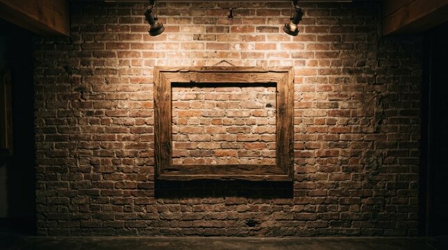 empty wooden picture frame on brick wall illuminated by spotlights