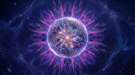 Obraz premium Symmetrical cellular structure with radiating crystalline formations against a cosmic backdrop molecule