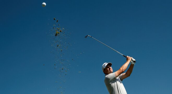 Professional golfer swinging a club with a golf ball and turf flying in the air against a blue sky
