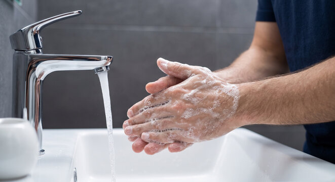 Man washing hands with soap under running water. Hygiene concept to prevent germs and viruses.