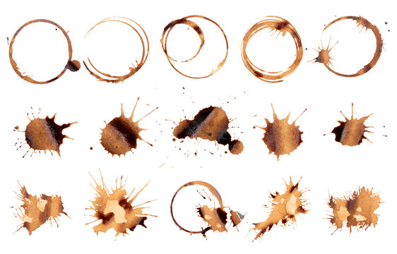 Set of coffee drops and stains Isolated on Transparent Background, realistic Brown Coffee Stain with Droplets and Splash Marks.