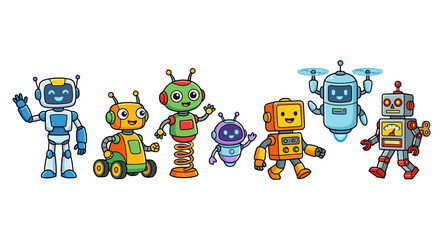 Obraz premium Cute Cartoon Robot and Drone Character Group Vector Illustration with Friendly Futuristic Cyborgs, Vintage Windup Bots, and Flying Quadcopters for Kids Web Designs