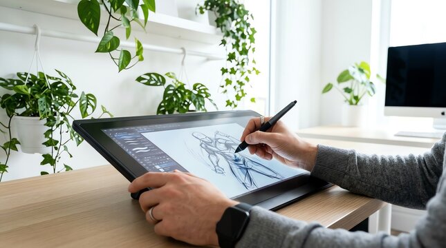 Artist's hands meticulously creating digital illustrations on a graphic display tablet in a bright, modern creative workspace with green plants