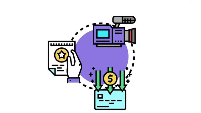 Hand holding a program pass with a star symbol, a video camera representing events, and a payment card with down arrows symbolizing cost savings for package deals