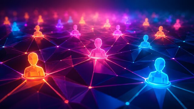 Interconnected network of glowing polygonal human icons symbolizing global community, social media, and digital communication within a data-driven technological landscape.