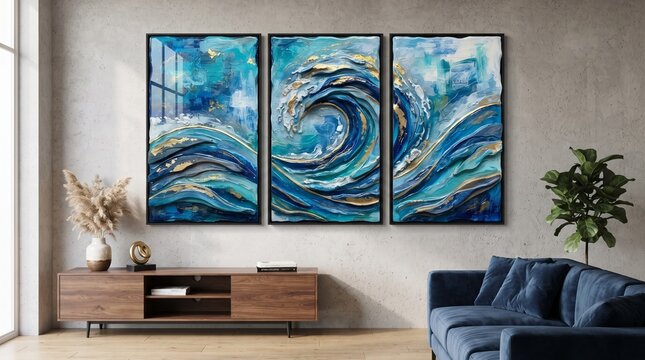 Triptych ocean wave wall art painting in modern living room interior design
